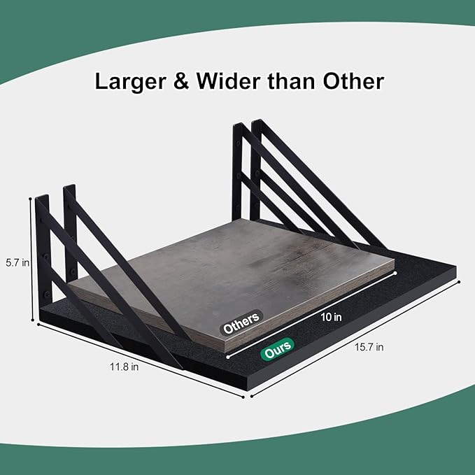 Tectocker-DOU 2 Pc Deep Floating Shelves ; 12 Inch Deep Wall Mounted Hanging Shelves for Living Room, Kitchen, Office, Bathroom and Bedroom Decor; Storage and Display Shelf Set (Black)