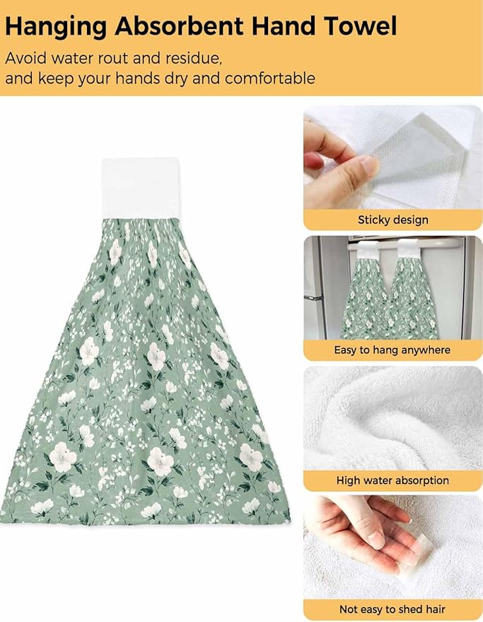 Alandar Home Kitchen Tie Towel Set of 1, Watercolor White Camellia Absorbent Soft Hand Towels for Bathroom Hanging Towels, Floral on Green Background Fast Drying Cleaning Cloth with Loop