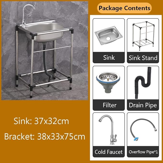 Free Standing Stainless Steel Single Bowl Sink with Faucet, Prep & Utility Washing Hand Basin W/Storage Shelves (Restaurant, Kitchen, Laundry, Garage) (Color : Silver, Size : 68x44cm) (Silver 37x