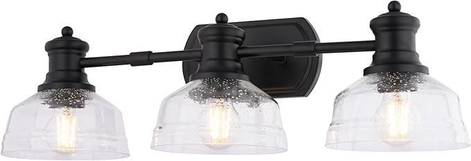 VAXCEL Beloit 3-Light 25.5 in. Wide Matte Black Farmhouse Bathroom Vanity Lighting Fixture, Clear Seeded Glass Shade, Dimmable, LED Compatible, Reversible Over The Mirror Mounted Steel Wall Sconce