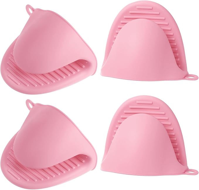 HARFINGTON 4pcs Thickened Mini Oven Gloves, Heat Resistant Silicone Oven Mitts Finger Pinch Grips Pot Holder for Kitchen, Cooking, Baking, BBQ Heat Resistant Gloves, Pink