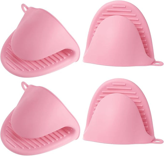 HARFINGTON 4pcs Thickened Mini Oven Gloves, Heat Resistant Silicone Oven Mitts Finger Pinch Grips Pot Holder for Kitchen, Cooking, Baking, BBQ Heat Resistant Gloves, Pink