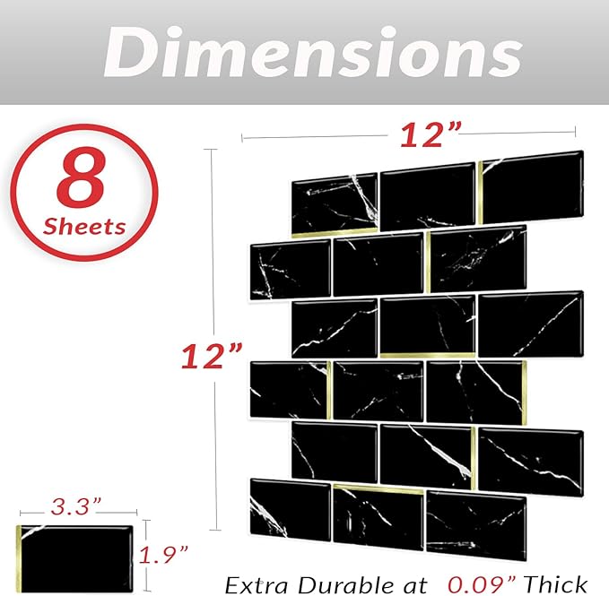 DÉCOR WOW Peel & Stick Backsplash for Kitchen & Bathroom Black Marble Subway with Gold, 1 sq ft (8-Pack)