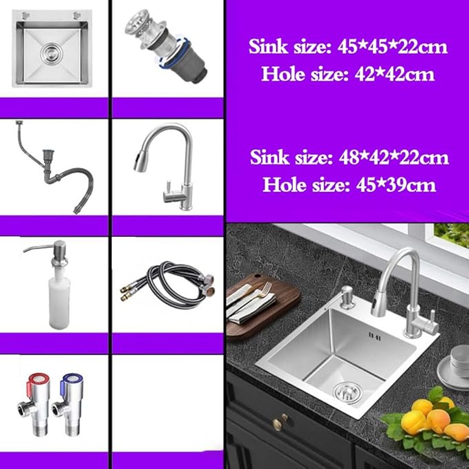 Single Bowl Household Silver Square Stainless Steel Small Sink Kitchen Bar Single Bowl Sink Embedded Vegetable Sink Balcony Hand Washing Pool (Silver 45 * 45 * 22cm)