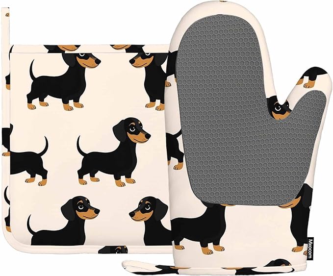 Mxocom Dachshunds Silicone Oven Mitts and Pot Holders Sets Hand Drawn Style Dog BBQ Gloves for Kitchen,Cooking,Baking,Grilling