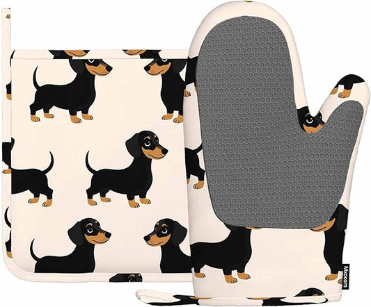 Mxocom Dachshunds Silicone Oven Mitts and Pot Holders Sets Hand Drawn Style Dog BBQ Gloves for Kitchen,Cooking,Baking,Grilling