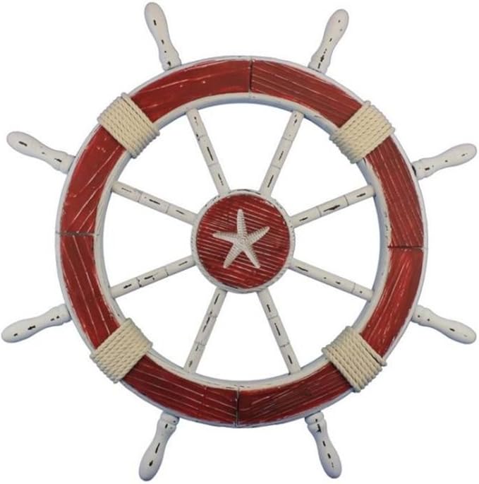 Hampton Nautical Wheel-30-111-starfish Wooden Rustic Decorative Ship Wheel with Starfish, 30", Red/White