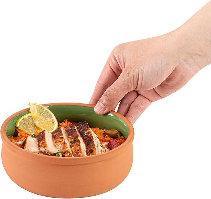 Restaurantware-Terra Tek 17 Ounce Terracotta Cazuelas, 2 Green Glazed Clay Pots For Cooking - Oven-Ready, Microwavable, Terracotta Serving Pots, Dishwashable, For Cooking And Serving