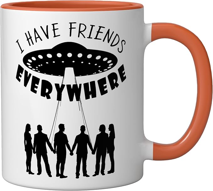 I Have Friends Everywhere UFO Silhouette Graphic Ceramic Mug, Orange/White