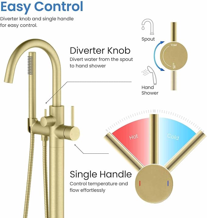 KIBI Circular Floor Mount Bathtub Faucet with Hand Shower | Single Handle Freestanding Tub Filler | Modern Bath Faucet for Tub and Shower | Brushed Gold Finish, KTF301