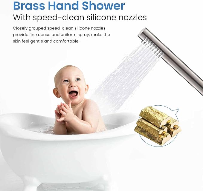 KIBI Circular Floor Mount Tub Filler with Hand Shower in Brushed Nickel | Solid Brass Single Handle Freestanding Bathtub Faucet with 360° Swivel Spout, Modern Bath Faucet for Tub and Shower (KTF301BN)