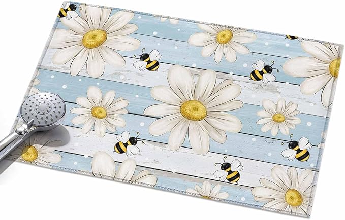 Area Rug 2x3ft, Watercolor White Daisy Floral Bee Washable Rugs for Living Room Bedroom, Rustic Light Blue Wood Plank Soft Non-Slip Area Rugs Rectangle Floor Carpet for Dining Room