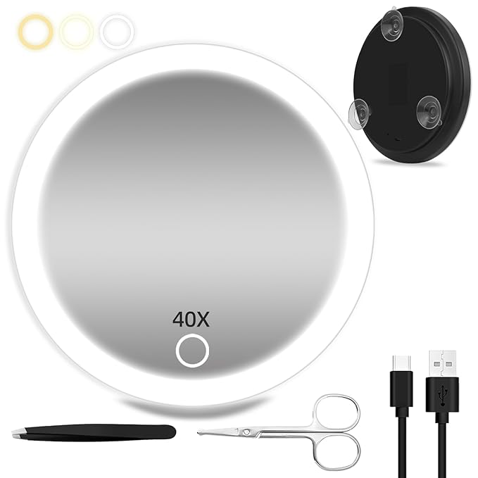 40X Magnifying Mirror with Light, 6inch Compact Travel Size, 3 Color Lights Adjustable Brightness, Rechargeable 40X Makeup Magnification Mirror with 3 Suction Cups - Includes Tweezers & Scissors