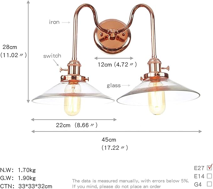 Wall Lamps with Switch, 2-Lights Rose Gold Bathroom Vanity Lights Wall Mounted Lighting Clear Glass Lampshade Wall Sconces(Color:F)