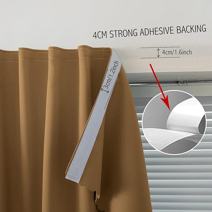 Self Adhesive Curtains, Stick Curtain Blackout Shades Window Cover Curtains for Living Room No Drilling, 35" W X 79" L, Brown, 1 Panel
