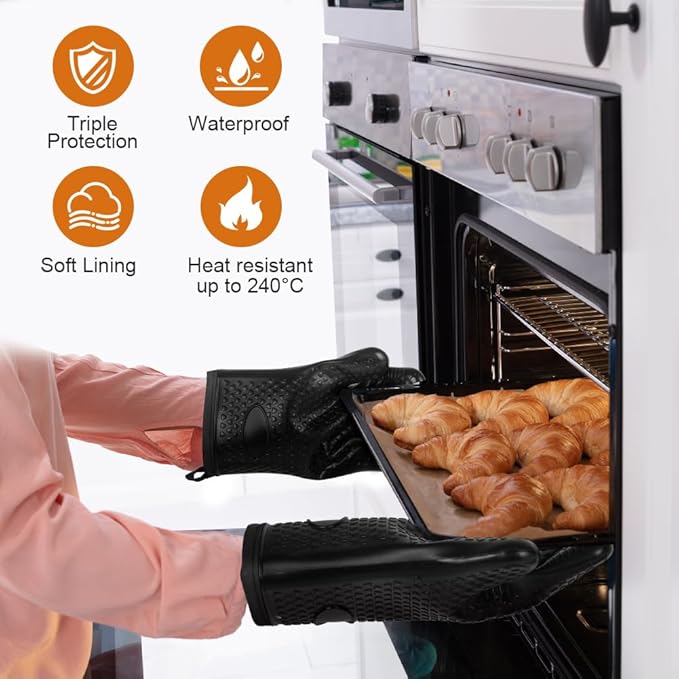 AUAUY Oven Mitts with 2 Pot Holders, Silicone Oven Gloves Heat Resistant 464°F, BBQ Gloves with Fingers, Non-Slip Oven Gloves, Cooking Gloves for Grilling Kitchen Baking Oven Microwave, Black