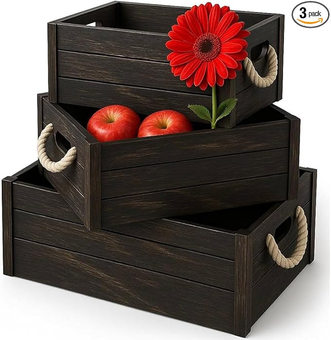 Set of 3 Rustic Nested Wooden Crates with Rope Handles - Decorative Farmhouse Storage Boxes for Kitchen, Living Room & Bathroom - Modern Wood Grain Home Organization