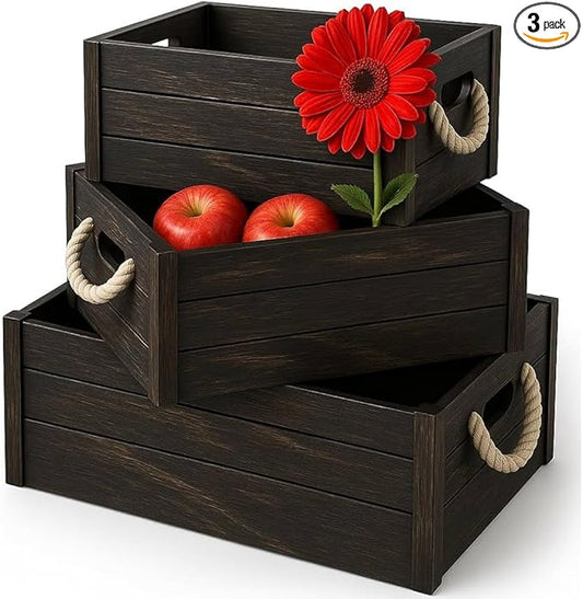 Set of 3 Rustic Nested Wooden Crates with Rope Handles - Decorative Farmhouse Storage Boxes for Kitchen, Living Room & Bathroom - Modern Wood Grain Home Organization
