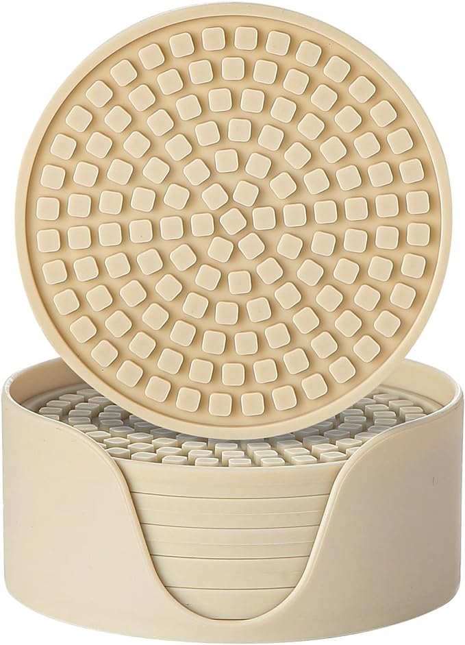 Colinda Silicone Drink Coasters with Holder, Set of 6, for Tabletop Protection and Office Desk, Cup Mat Set for Home Decor, Non-Slip and Non-Stick,Round, 4 Inch,Beige