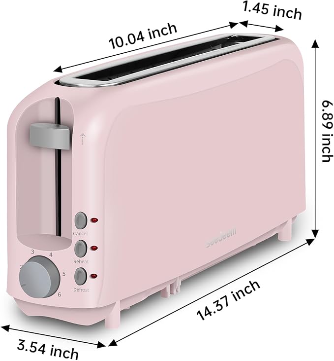 SEEDEEM 2 Slice Slim Toaster, Single 10" Long Slot Toaster Fits Bagels & Artisan Bread, 6 Shade Settings, Cancel/Reheat/Defrost, Removable Crumb Tray, Auto Shut-Off, Pink
