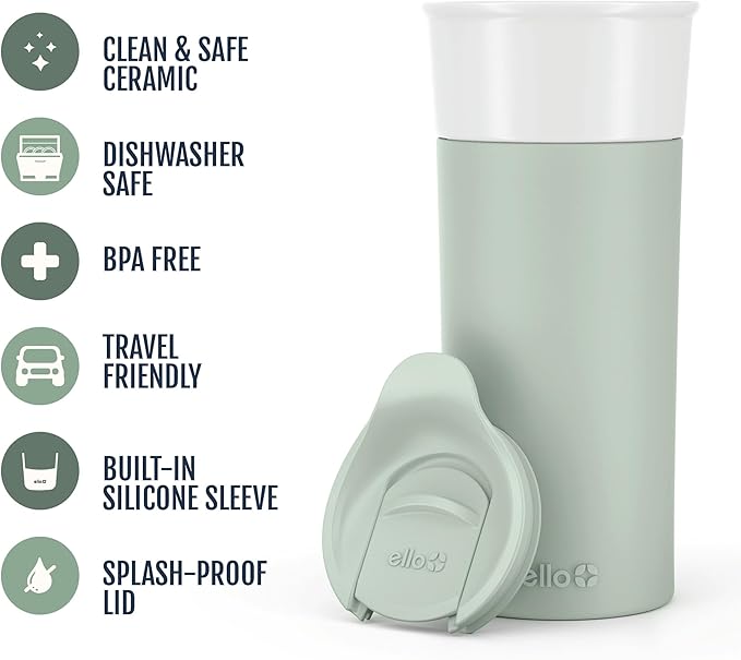 Ello Ogden 16oz Ceramic Travel Mug with Splash-Resistant Slider Lid and Protective Silicone Sleeve, Perfect for Coffee or Tea, BPA-Free, Dishwasher Safe, Honeydew