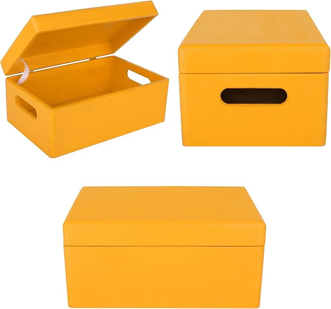 Creative Deco Large Yellow Wooden Box Storage with Hinged Lid | 11.8x7.87x5.51in (+-0.5) | Keepsake with Handles | Gift Box for Tool Dog Toy Shoes Kitchen Storage | Wood Keepsake Chest Trunk