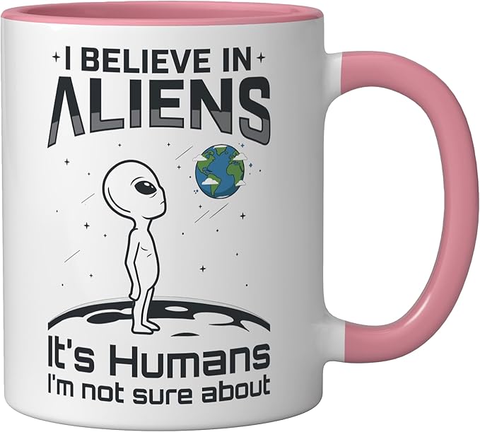 Alien Believer UFO Extraterrestrial Space Lover Ceramic Mug, Pink/White