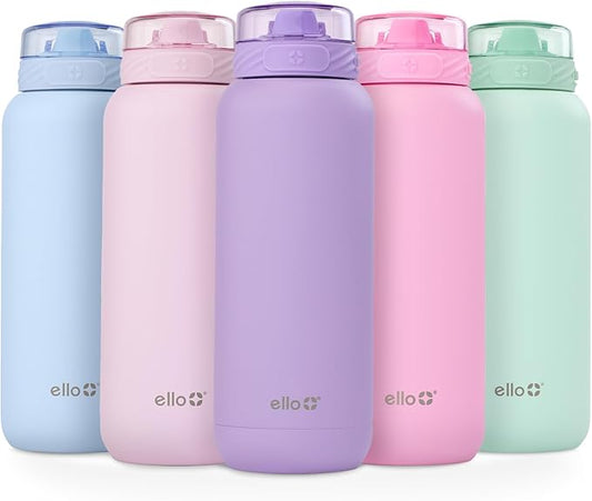 Ello Cooper 40oz Stainless Steel Water Bottle with Straw and Carry Handle, Double Walled and Vacuum Insulated Metal, Leak Proof Locking Lid with Soft Silicone Spout, Reusable, BPA Free, Lilac