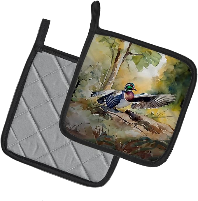 Caroline's Treasures Wood Duck Pair of Pot Holders Kitchen Heat Resistant Pot Holders Sets Oven Hot Pads for Cooking Baking BBQ, 7 1/2 x 7 1/2