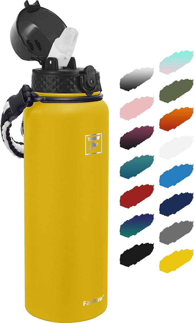 Fanhaw 40 oz Insulated Stainless Steel Water Bottle with Straw Lid, Leakproof Extra-Large Sports Bottle for Men & Women (Yellow)