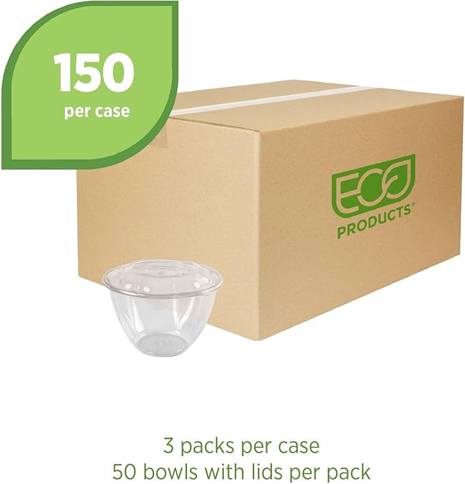 Eco-Products Compostable 48oz Clear PLA Plastic Large Salad Bowl With Lid, Case of 150, Grab 'n' Go Round Cold Takeout Food Containers, Renewable Plant-Based, Disposable, ASTM Compliant, BPI-Certified