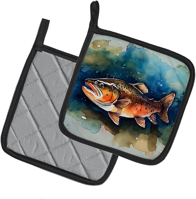 Caroline's Treasures Brown Trout Pair of Pot Holders Kitchen Heat Resistant Pot Holders Sets Oven Hot Pads for Cooking Baking BBQ, 7 1/2 x 7 1/2