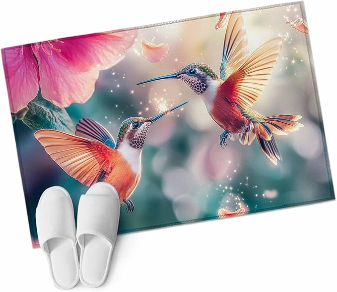Area Rug 2x3ft, Spring Hummingbird Pink Petals Flowers Washable Rugs for Living Room Bedroom, Dreamlike Animal Focus Scenery Soft Non-Slip Area Rugs Rectangle Floor Carpet for Dining Room