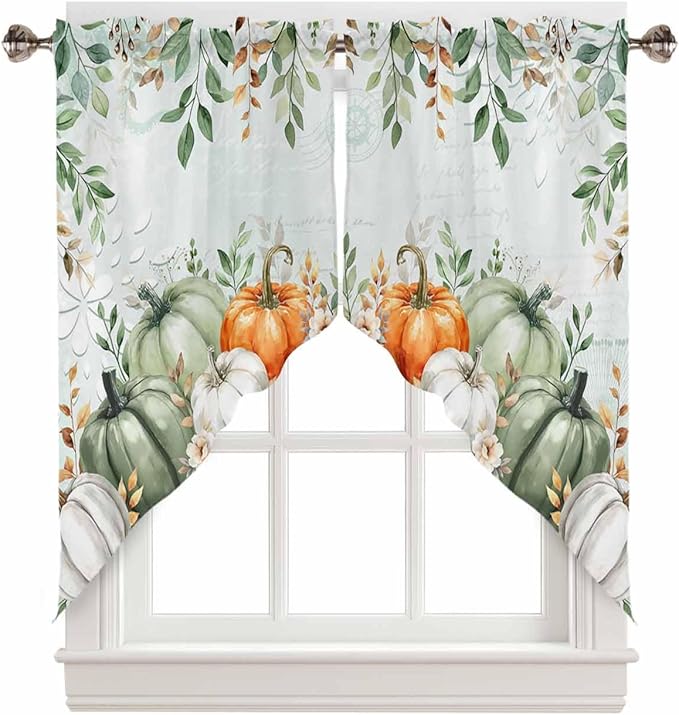Sage Green Orange Pumpkins Eucalyptus Leaves Fall Swag Valance Curtains Autumn Thanksgiving Vintage Texture Rod Pocket Kitchen Curtains, Scalloped Window Treatment Valances, 1 Pair, 36"W x 45"L