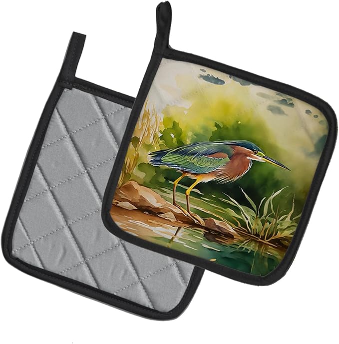 Caroline's Treasures Green Heron Pair of Pot Holders Kitchen Heat Resistant Pot Holders Sets Oven Hot Pads for Cooking Baking BBQ, 7 1/2 x 7 1/2