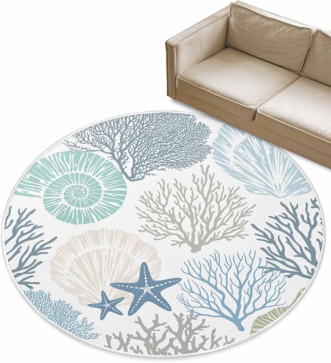 Round Area Rug,Blue Ocean Shells Coral Circle Living Room Rug Non-Slip Rugs Indoor Carpet,Conch Starfish Marine Life Soft Comfort Rugs for Bedroom Kids Room