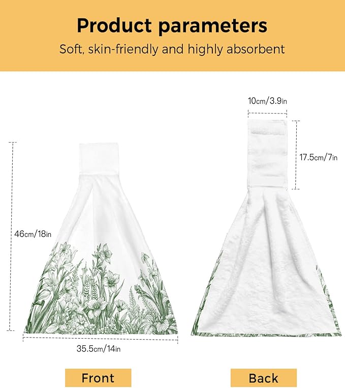 Alandar Home Kitchen Tie Towel Set of 1, Green Flowers Iris Lavender Leaves Absorbent Soft Hand Towels for Bathroom Hanging Towels, Spring Botanical Fast Drying Cleaning Cloth with Loop