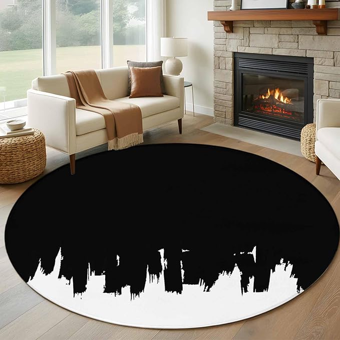 Washable Round Area Rug Abstract Black Graffiti Texture Circle Rugs Floor Carpet for Living Room Bedroom, Modern Minimalist Art Soft Non Slip Round Rug 5ft