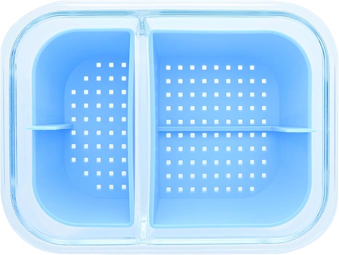 Two Compartment Borosilicate Glass Container Cleaning Tool with Sealable Lid (Arctic Blue)