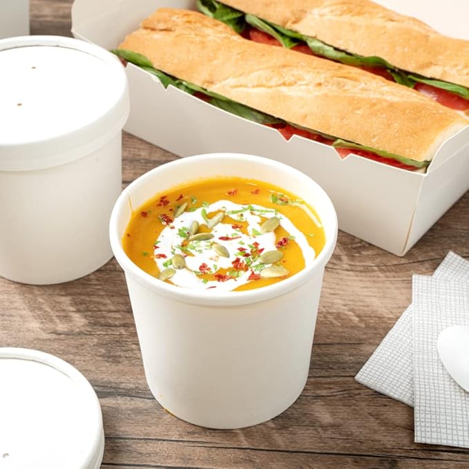 Restaurantware-Bio Tek 12 Ounce Disposable Soup Cups, 200 Microwavable Paper Soup Cups - Vented Lids Sold Separately, Hot And Cold Foods, White Paper To Go Containers, For Desserts Or Treats