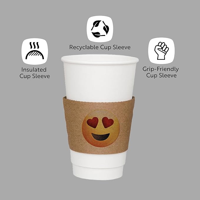 Restaurantware SLEEVES ONLY: Restpresso 5.1 x 2.8 Inch Coffee Cup Sleeves 50 Corrugated Hot Cup Sleeves - Heart-Eye Emoji Heat-Tolerant Kraft Paper Disposable Coffee Sleeves Secure Grip