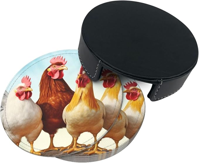 Famame 6 Pcs Chicken Roosters Farm Animals Leather Coasters for Drinks with Holder Coaster Sets Drink Table Cup Coasters for Living Room Kitchen Coffee Decor