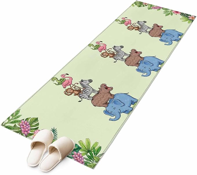 Runner Rug for Bedroom Hallway, Funny Elephant Zebra Flamingo Kitchen Runner Rugs Area Rug 2x6ft, Tropical Leaves Floral Washable Soft Floor Carpet for Entryway Stair