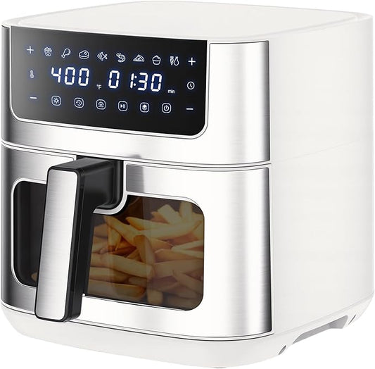 Sweetcrispy 6.34QT Air Fryer, 8-in-1 Air Fryers Oven with Visible Window, 400℉ Fast Heating, Nonstick Dishwasher-Safe Basket, Timer & Auto-Off, Stainless Steel, White