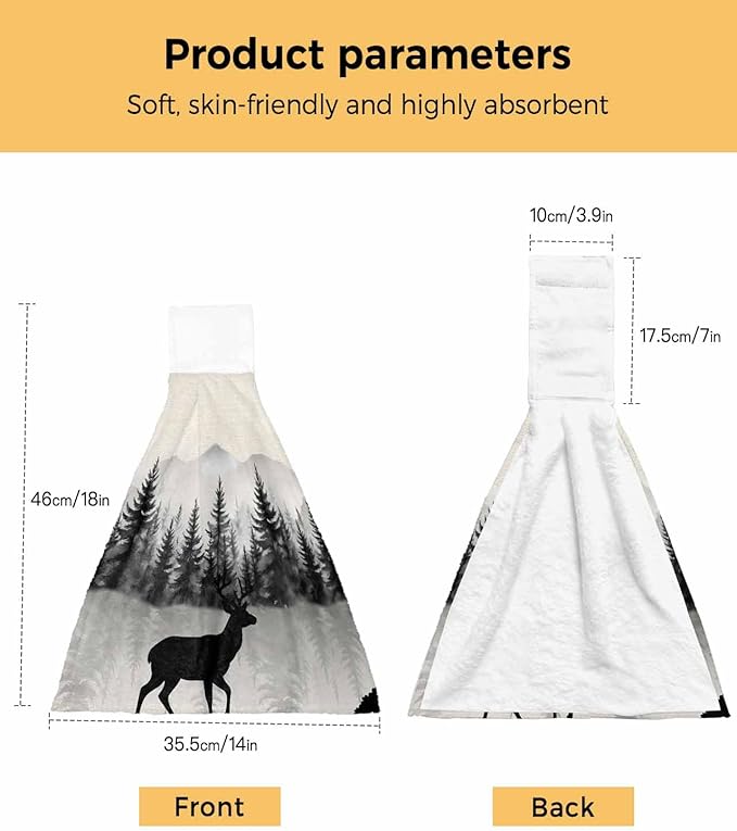 Alandar Home Kitchen Tie Towel Set of 1, Farmhouse Deer Sihouette Absorbent Soft Hand Towels for Bathroom Hanging Towels, Forest Tree Mountain on Linen Fast Drying Cleaning Cloth with Loop