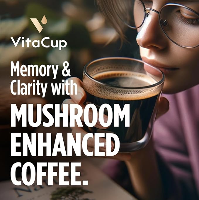 VitaCup Mushroom Coffee Instant Packets, for Memory & Clarity Support, w/Fiber, Chaga, Lion’s Mane, D3, B Vitamins, Medium Roast, 100% Arabica & Robusta Coffee in Single Serve Sticks, 24 Ct
