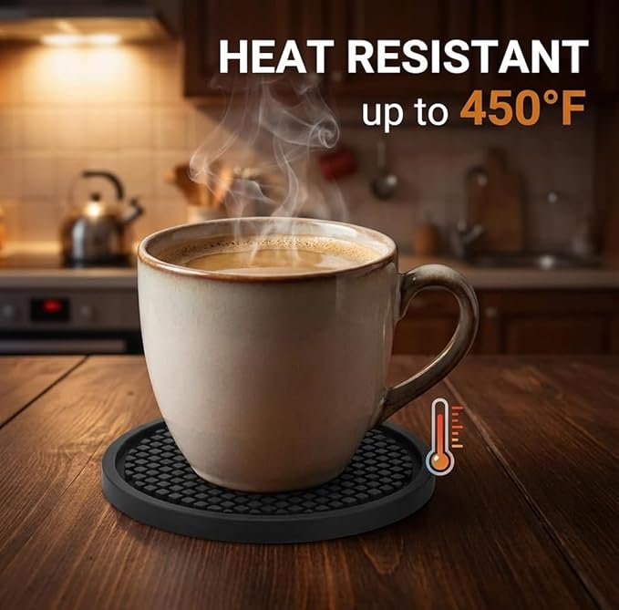 Silicone Coasters for Drinks, Non‑Slip Spill‑Proof Heat Resistant Drink Coasters 2-Piece Set, Reusable Washable Table Protection for Home Decor Kitchen Office, Bar(2Pack,Black)