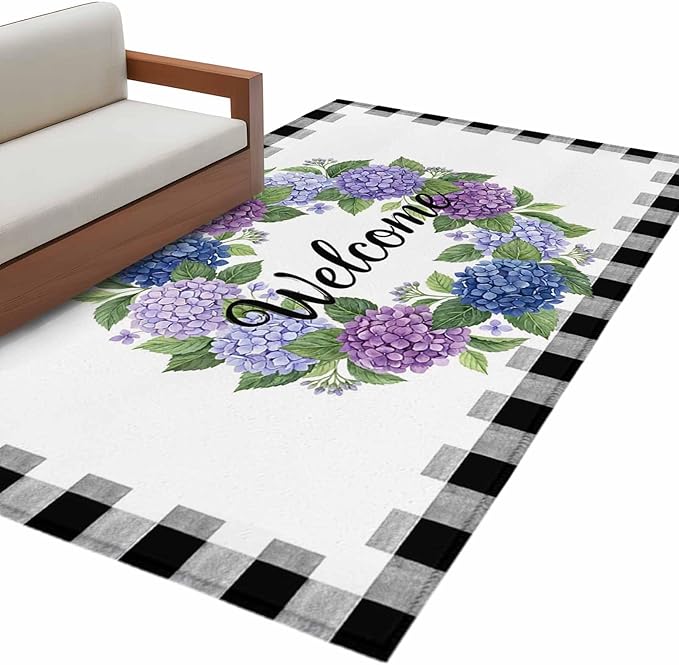 Area Rug 4x6ft, Summer Hydrangea Leaf Washable Rugs for Living Room Bedroom, Purple Blue Flower Buffalo Check Soft Non-Slip Area Rugs Rectangle Floor Carpet for Dining Room