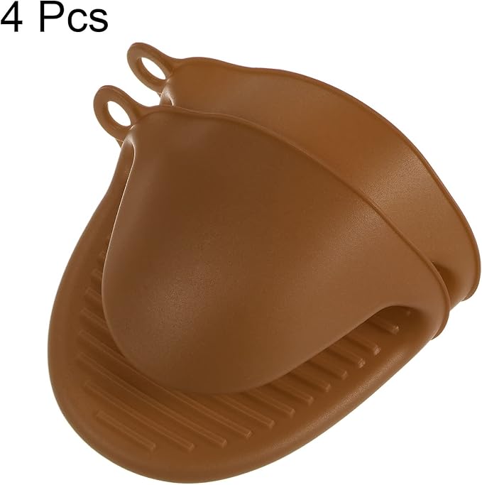 HARFINGTON 4pcs Thickened Mini Oven Gloves, Heat Resistant Silicone Oven Mitts Finger Pinch Grips Pot Holder for Kitchen, Cooking, Baking, BBQ Heat Resistant Gloves, Brown