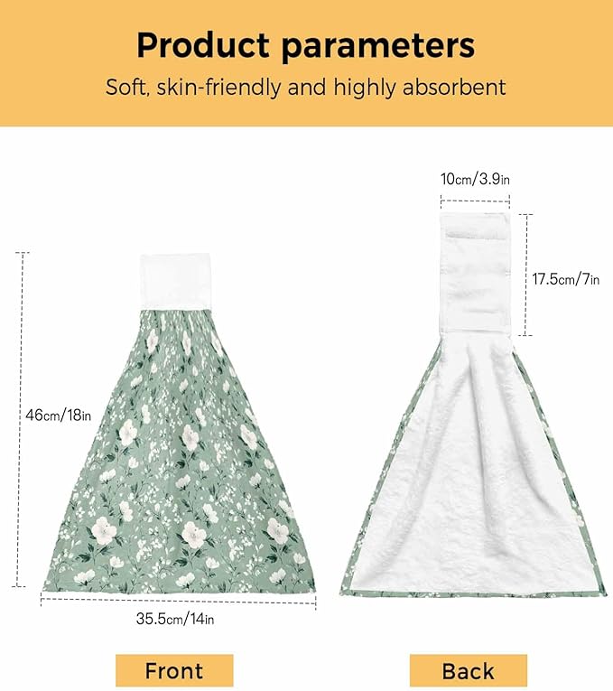 Alandar Home Kitchen Tie Towel Set of 1, Watercolor White Camellia Absorbent Soft Hand Towels for Bathroom Hanging Towels, Floral on Green Background Fast Drying Cleaning Cloth with Loop